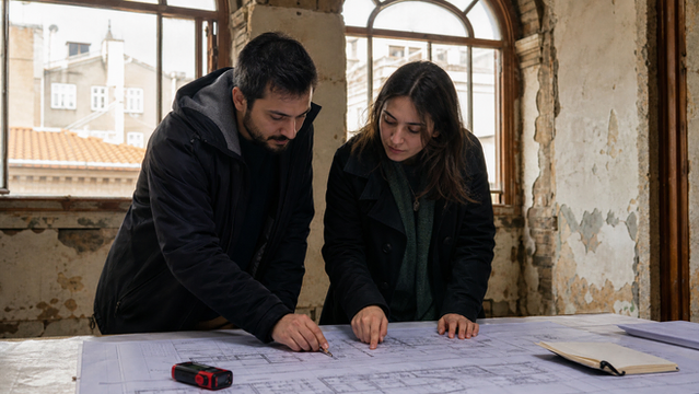 Mevcut yapıda rölöve paftası üzerinden mekanik rota inceleyen mimar ve mühendis