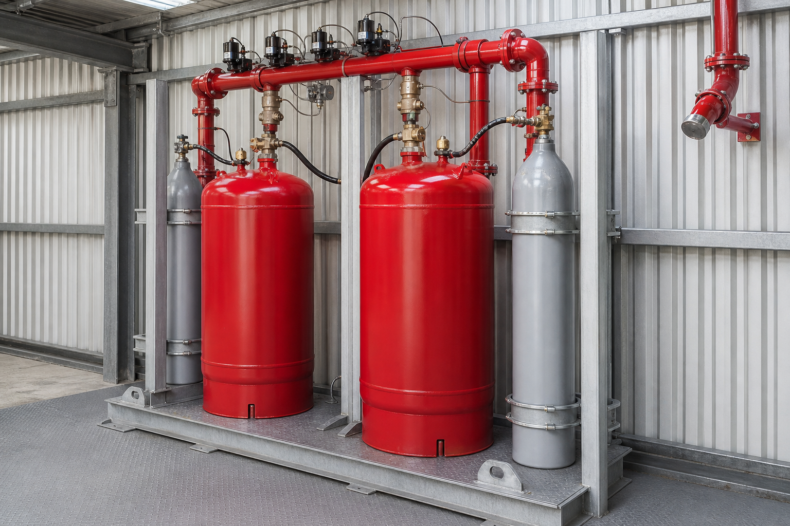 Kuru kimyevi toz kabı, itici gaz, boru ağı ve boşaltma nozulları