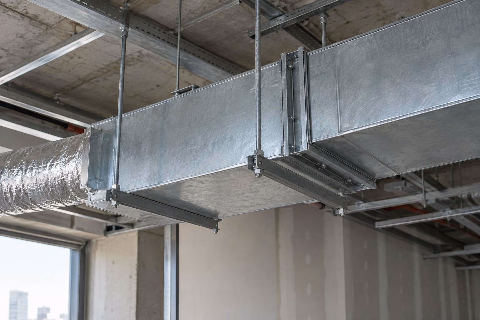 Beton tavan altında askılarla taşınan galvaniz hava kanalları; temsili görsel.