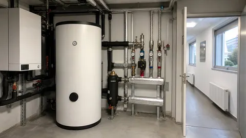 Ticari binada radyatör devresine bağlanan ısı pompası hidrolik modülü, buffer tankı ve pompa grubu.