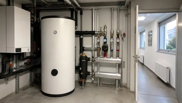 Ticari binada radyatör devresine bağlanan ısı pompası hidrolik modülü, buffer tankı ve pompa grubu.