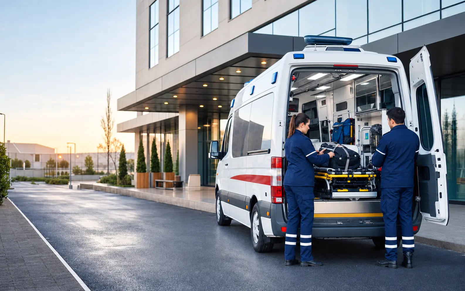 Modern bir binanın girişinde arka kapıları açık ambulans ve iki personel.