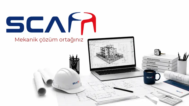 Teknik çizimler, bilgisayar ve mühendislik ekipmanlarıyla SCA Mühendislik görseli.