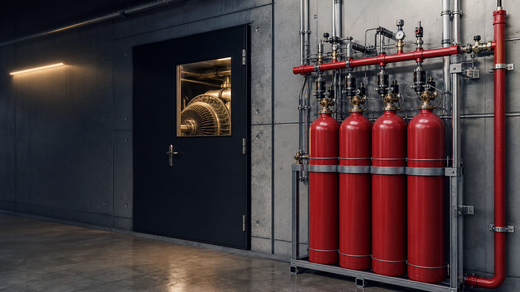 Endüstriyel tesiste CO₂ söndürme silindirleri ve güvenlik uyarı donanımı