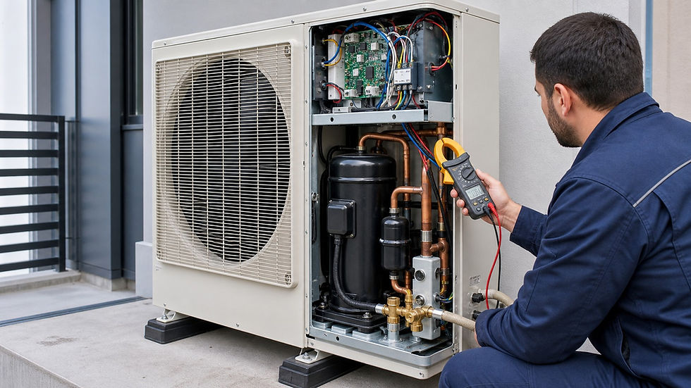 Inverter klima dış ünitesinde kompresör ve elektronik kontrol bileşenlerini ölçen teknisyen.