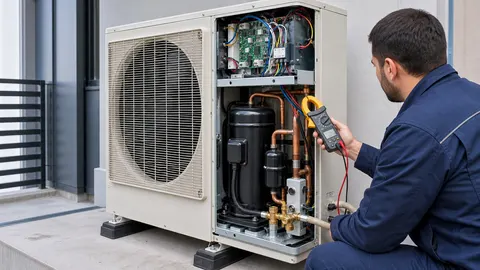 Inverter klima dış ünitesinde kompresör ve elektronik kontrol bileşenlerini ölçen teknisyen.