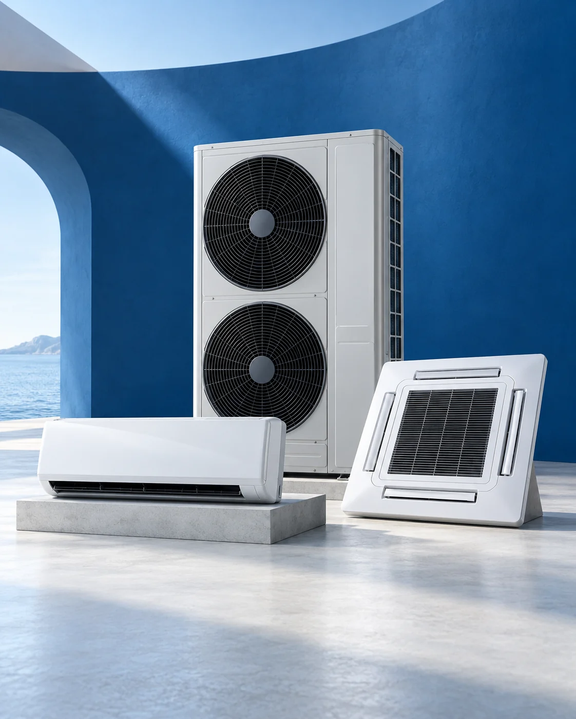VRF dış ünite ve farklı iç ünite seçeneklerinin bir arada sergilendiği klima sistemi görünümü