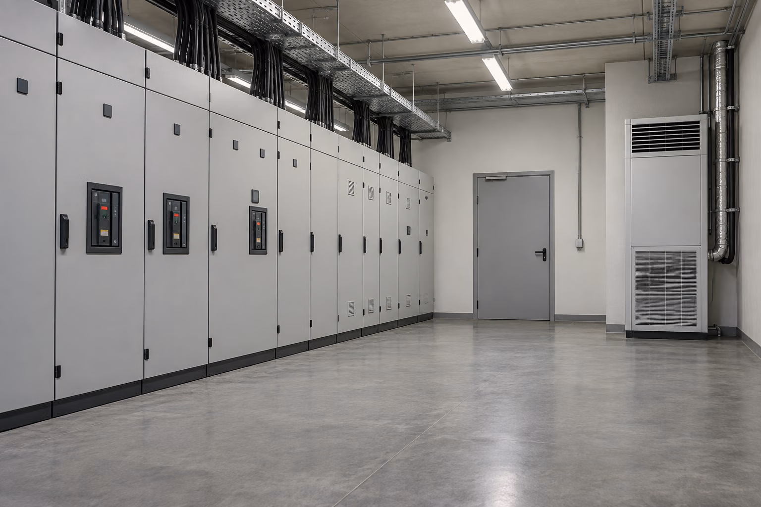 Elektrik pano odasında soğutma cihazı ve açık bakım koridoru; temsili görsel.