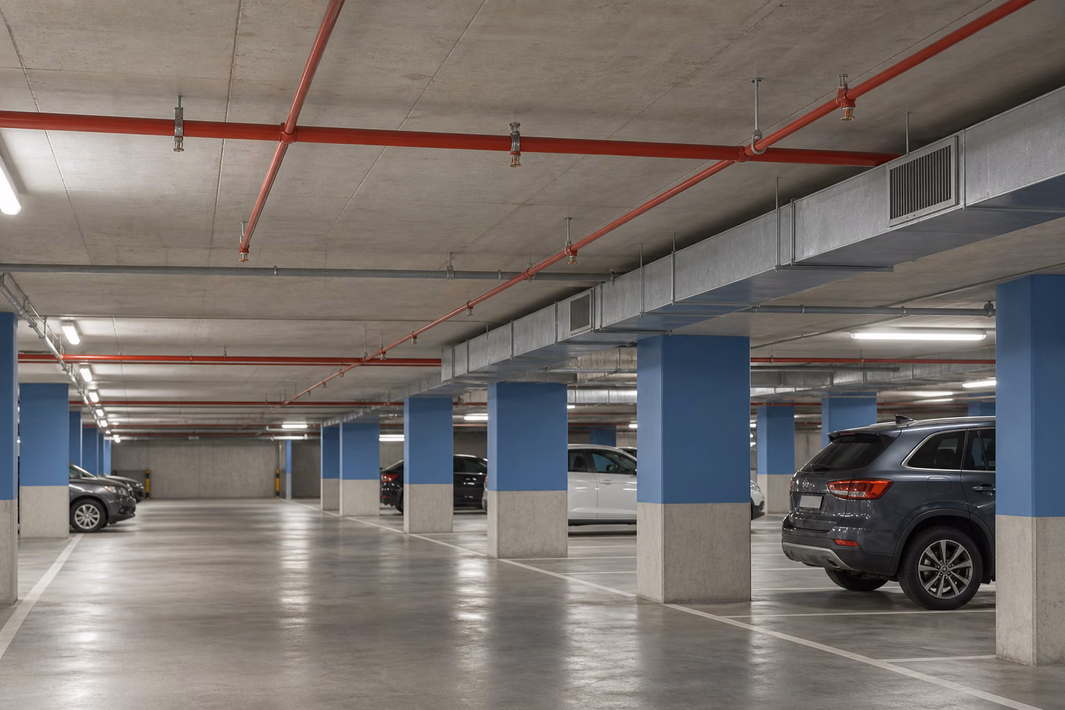Tavan tesisatı ve kırmızı yangın boruları bulunan kapalı otopark; temsili görsel.
