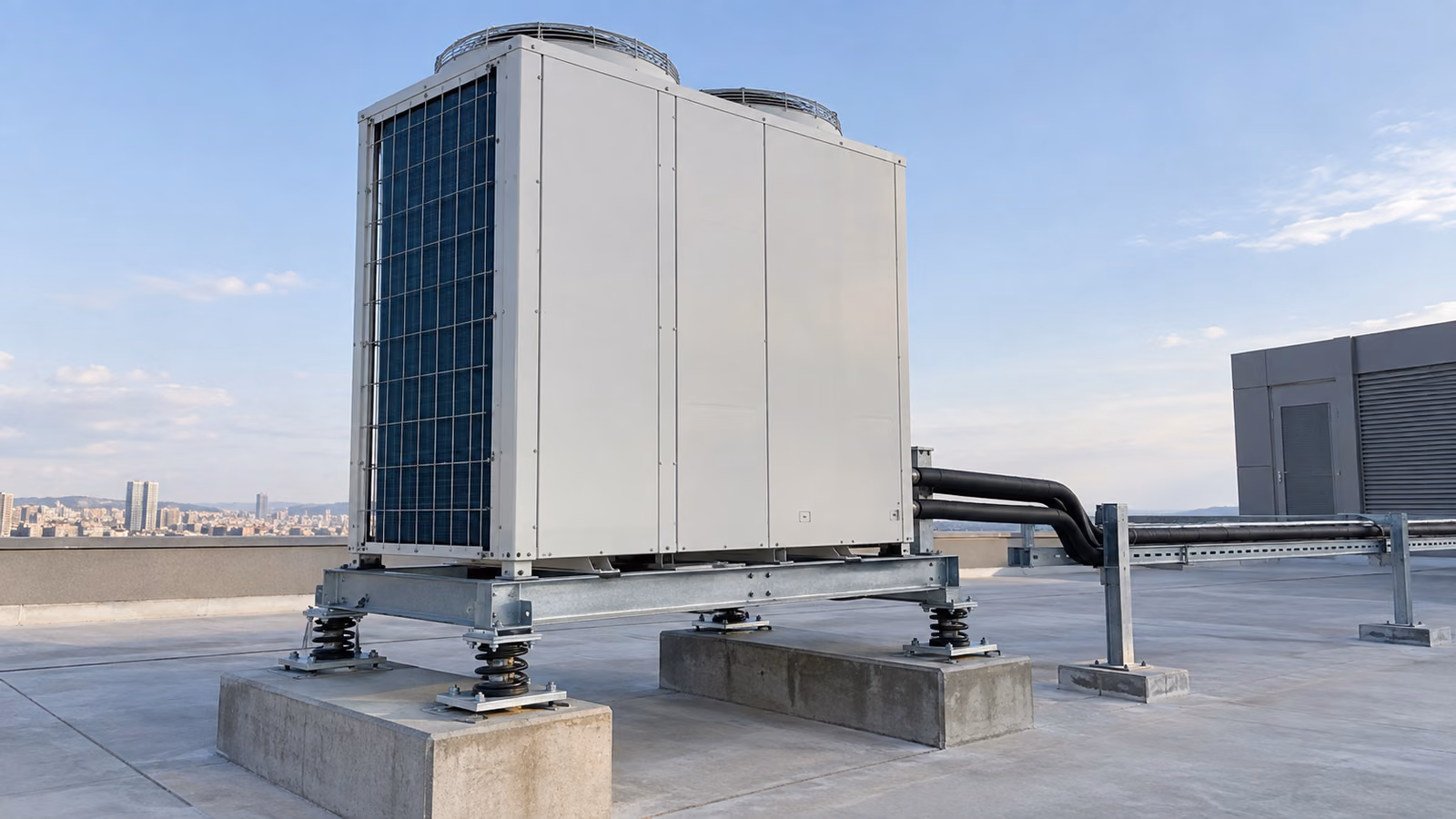 VRF dış ünitesinin altında titreşim izolatörleri ve açık servis alanı; temsili görsel.
