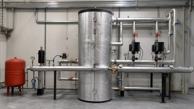 Buffer tank, sirkülasyon pompaları, genleşme tankı ve izole kolektörlerden oluşan hidronik pompa istasyonu.
