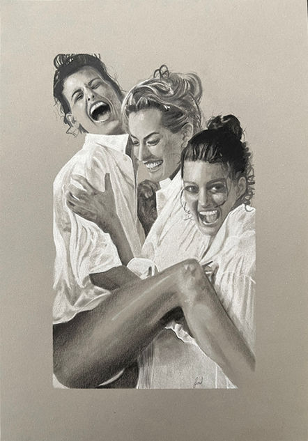 Portrait of three women laughing and holding each other in white dress shirts