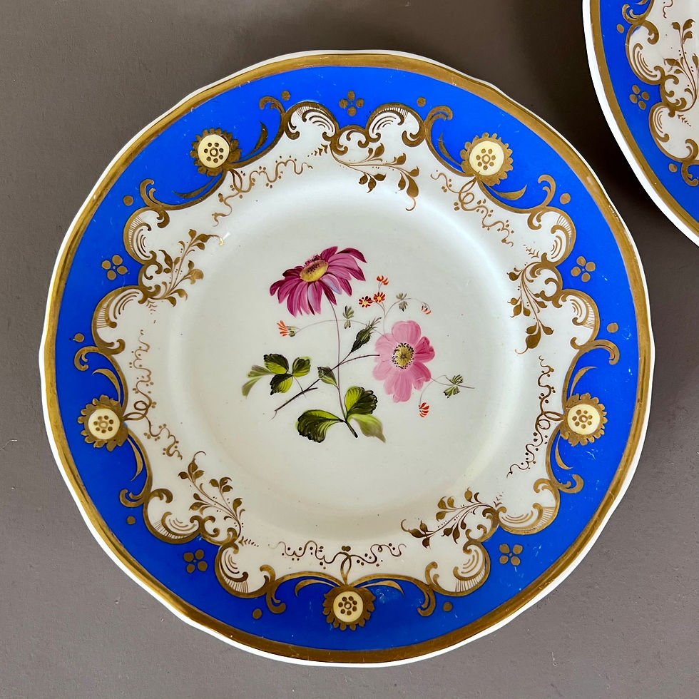 Thumbnail: Samuel Alcock set of true trio and 2 cake plates, French blue with flowers, 1830