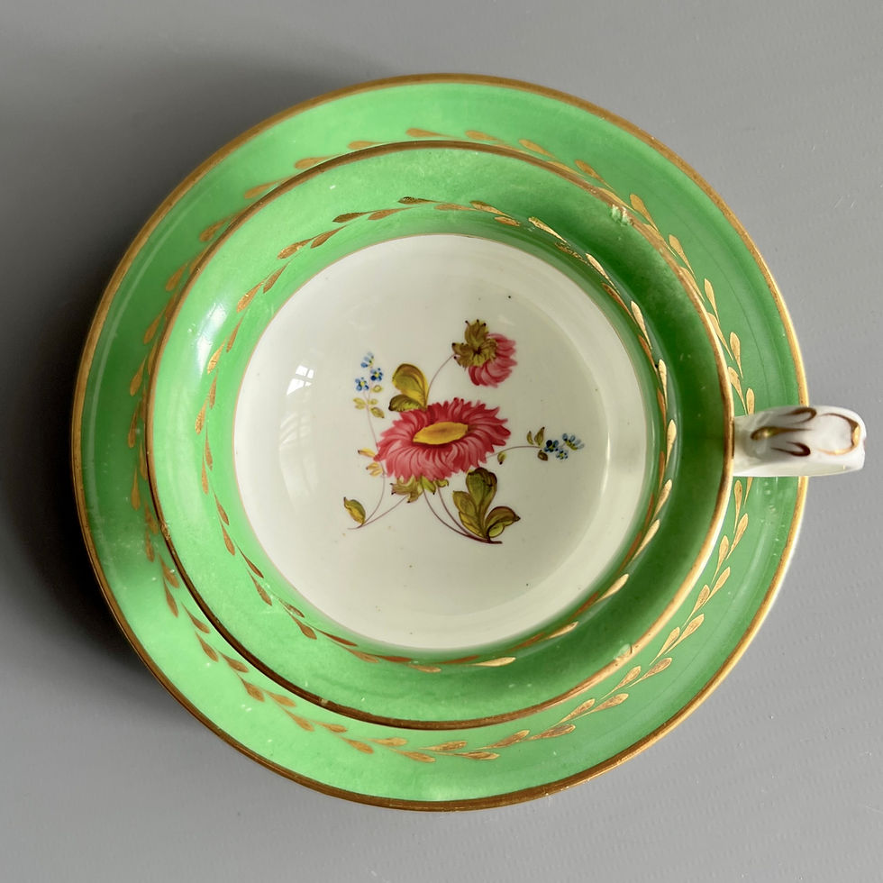 Thumbnail: H&R Daniel teacup duo, emerald green band and flowers, ca 1830