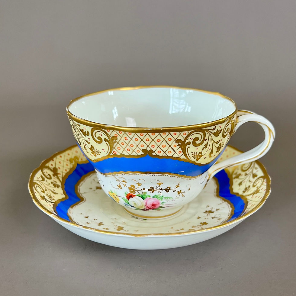 Thumbnail: Samuel Alcock breakfast and coffee cup set, French blue with flowers, ca 1835