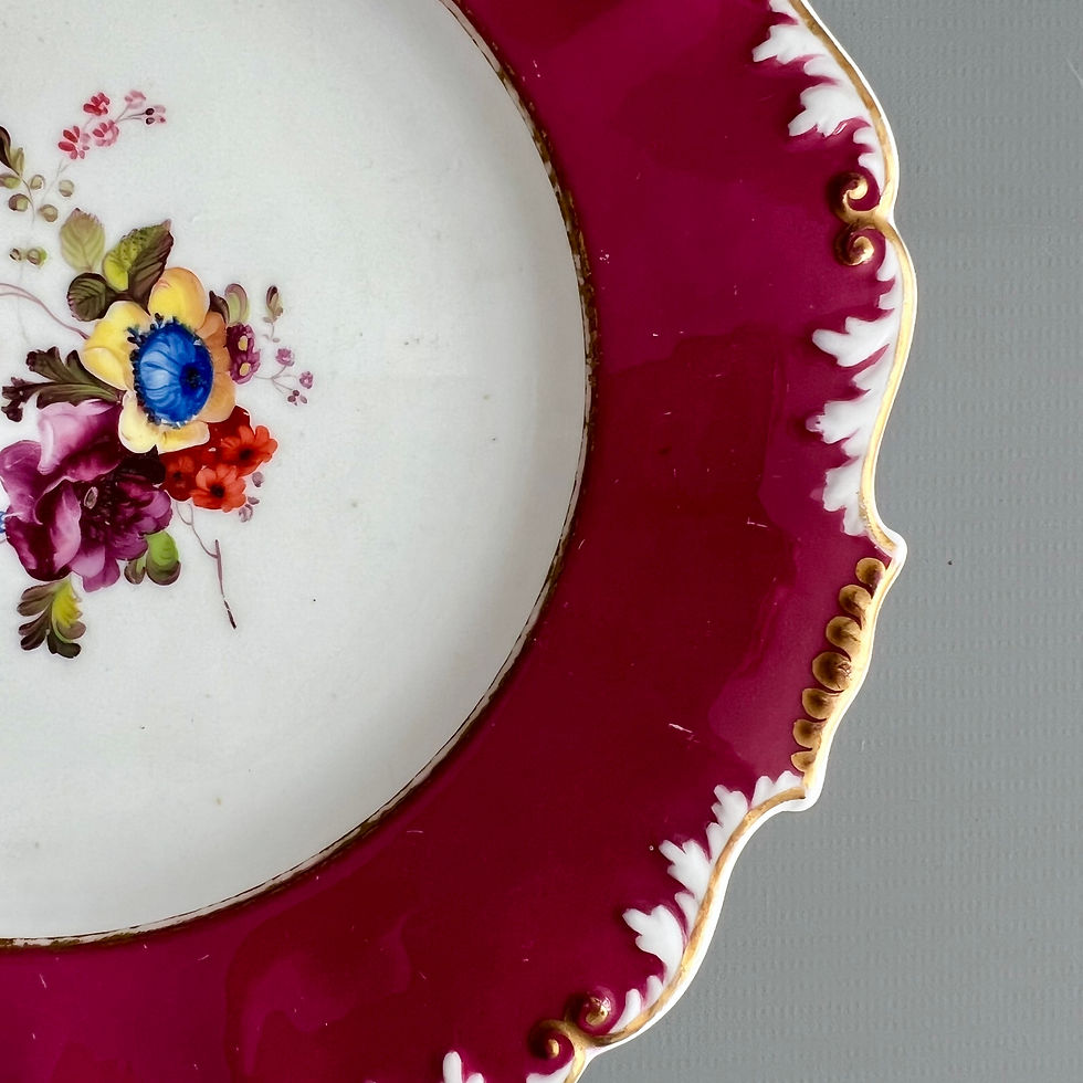 Thumbnail: H&R Daniel plate, Shrewsbury shape, maroon with flowers patt.D165, 1830