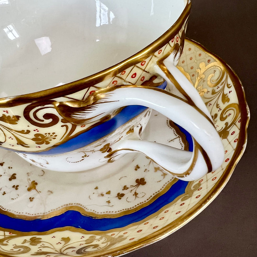 Thumbnail: Samuel Alcock breakfast and coffee cup set, French blue with flowers, ca 1835