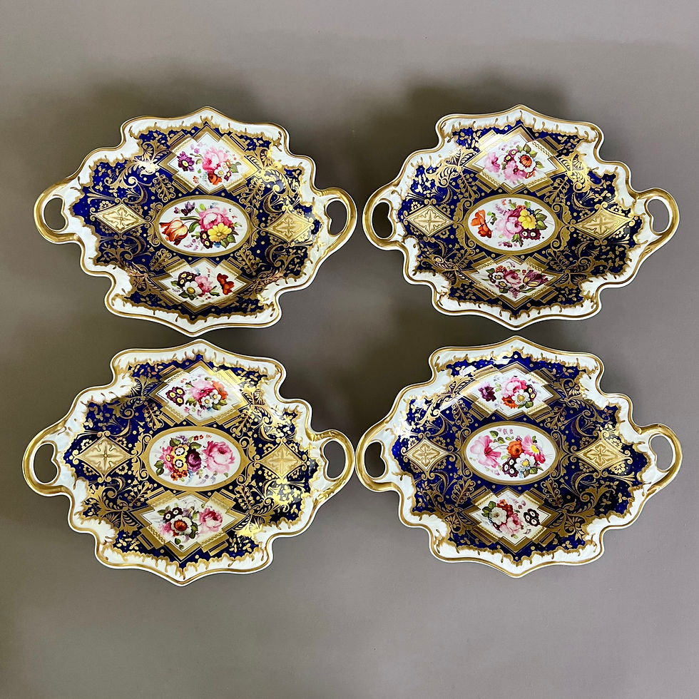 Thumbnail: Samuel Alcock dessert service, melted snow, cobalt blue, gilt, flowers ca 1822