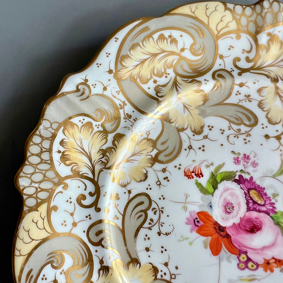 Thumbnail: Samuel Alcock footed sauce tureen on stand, beige, yellow, flower sprays, c1843