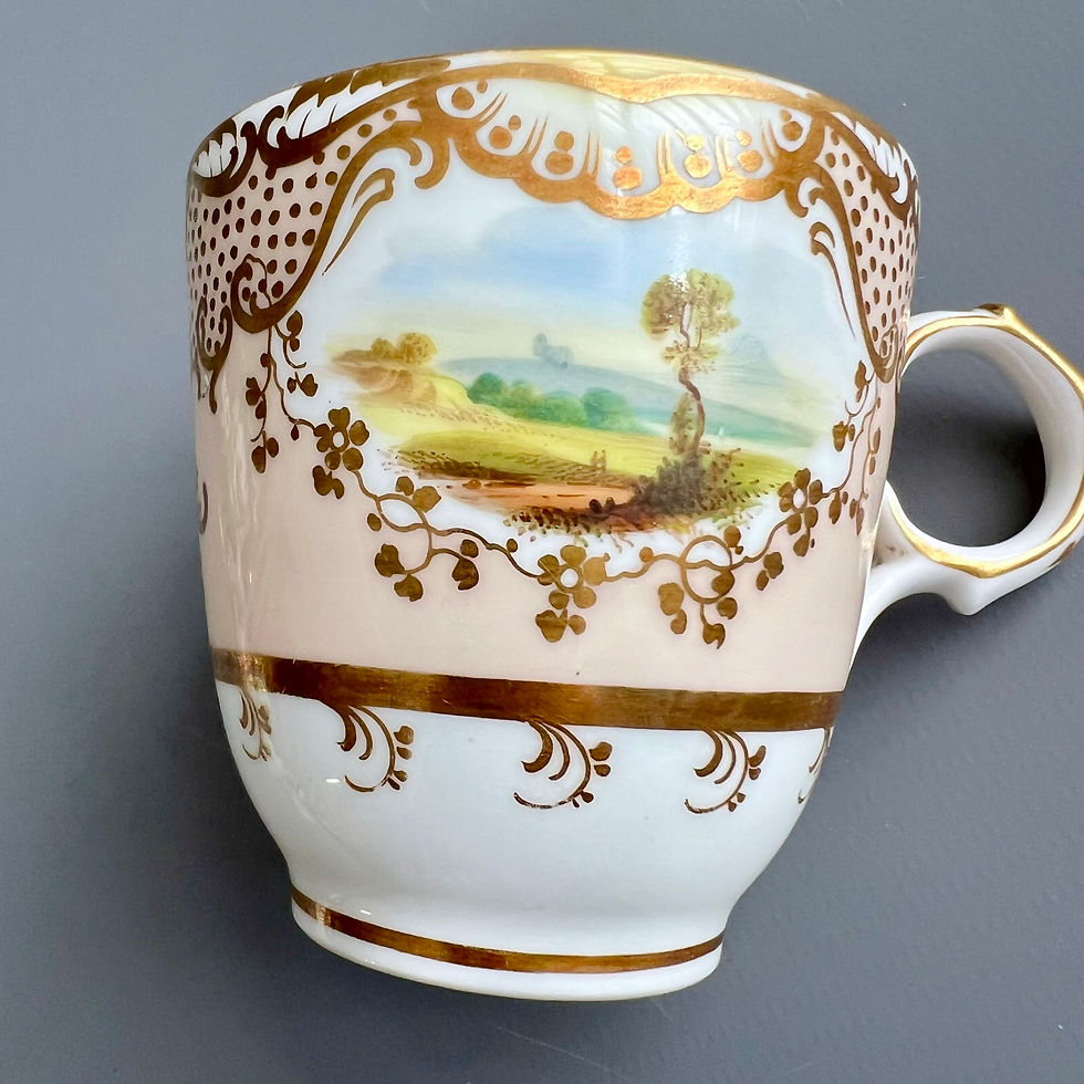 Thumbnail: Samuel Alcock orphaned coffee cup, pale peach, gilt and landscapes, ca 1845