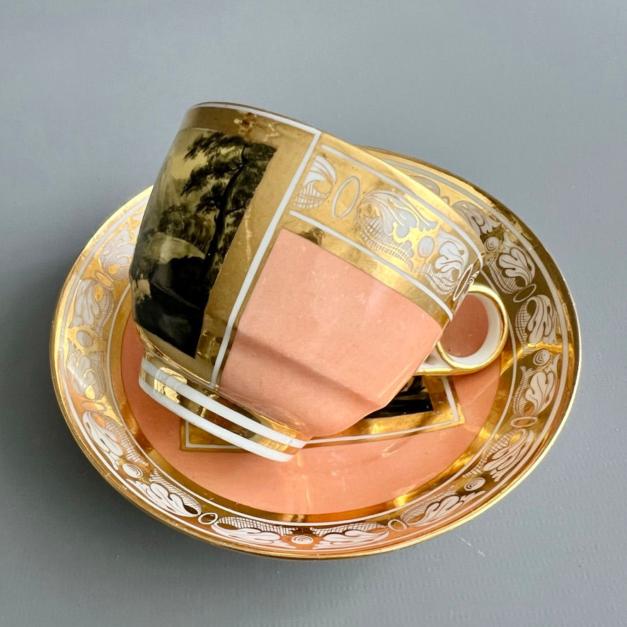 Thumbnail: Barr Flight & Barr teacup, salmon with monochrome sepia landscapes, ca 1810