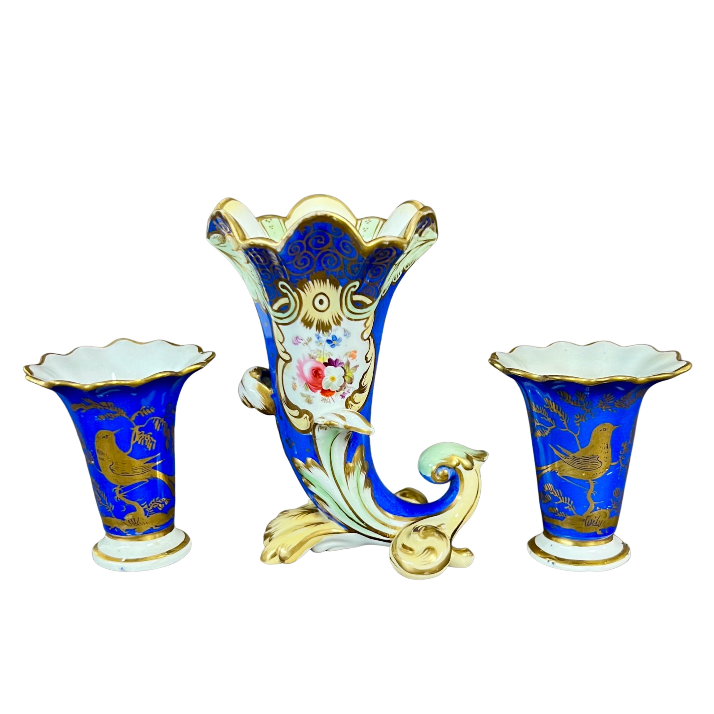Samuel Alcock miniature garniture of 3 vases, French blue, gilt birds, ca 184