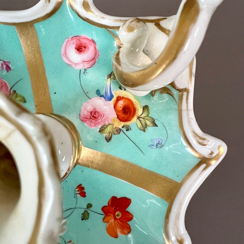 Thumbnail: Samuel Alcock taperstick, eau de nil ground with flower reserves, ca 1835