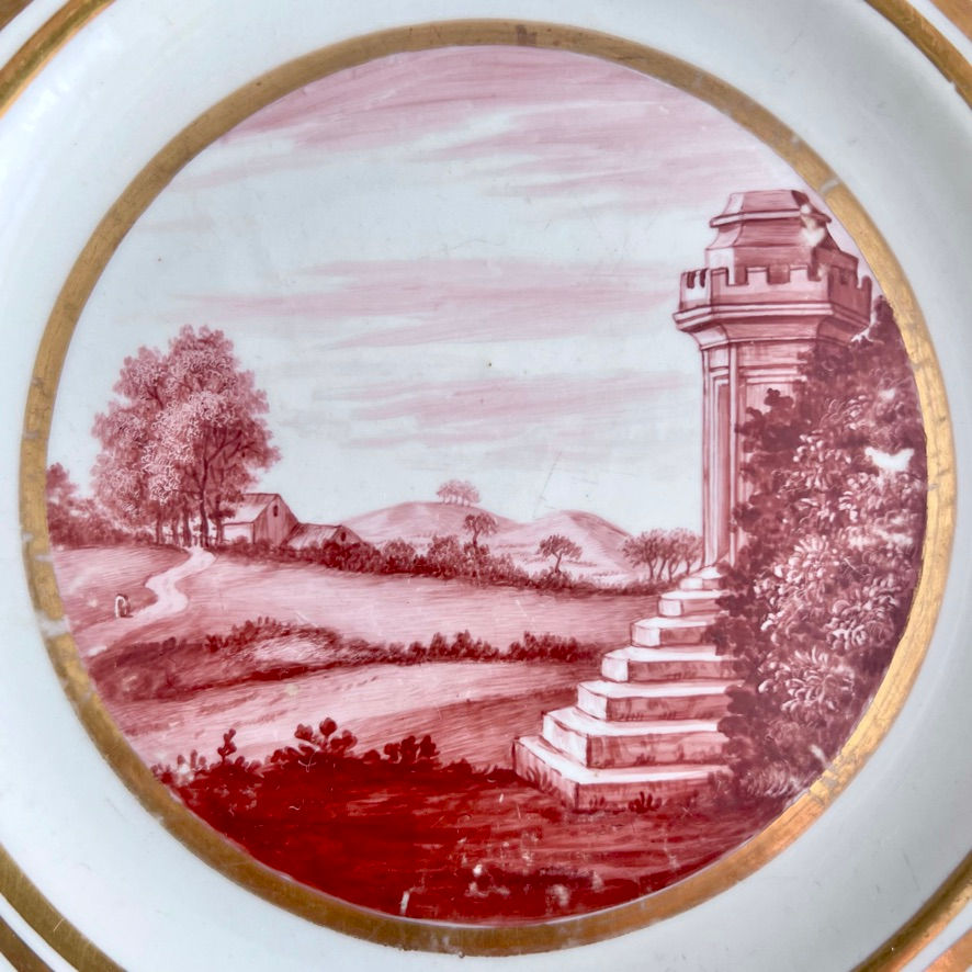 Thumbnail: John Rose Coalport plate, puce landscape, Greek keys, Baxter studio, ca 1805