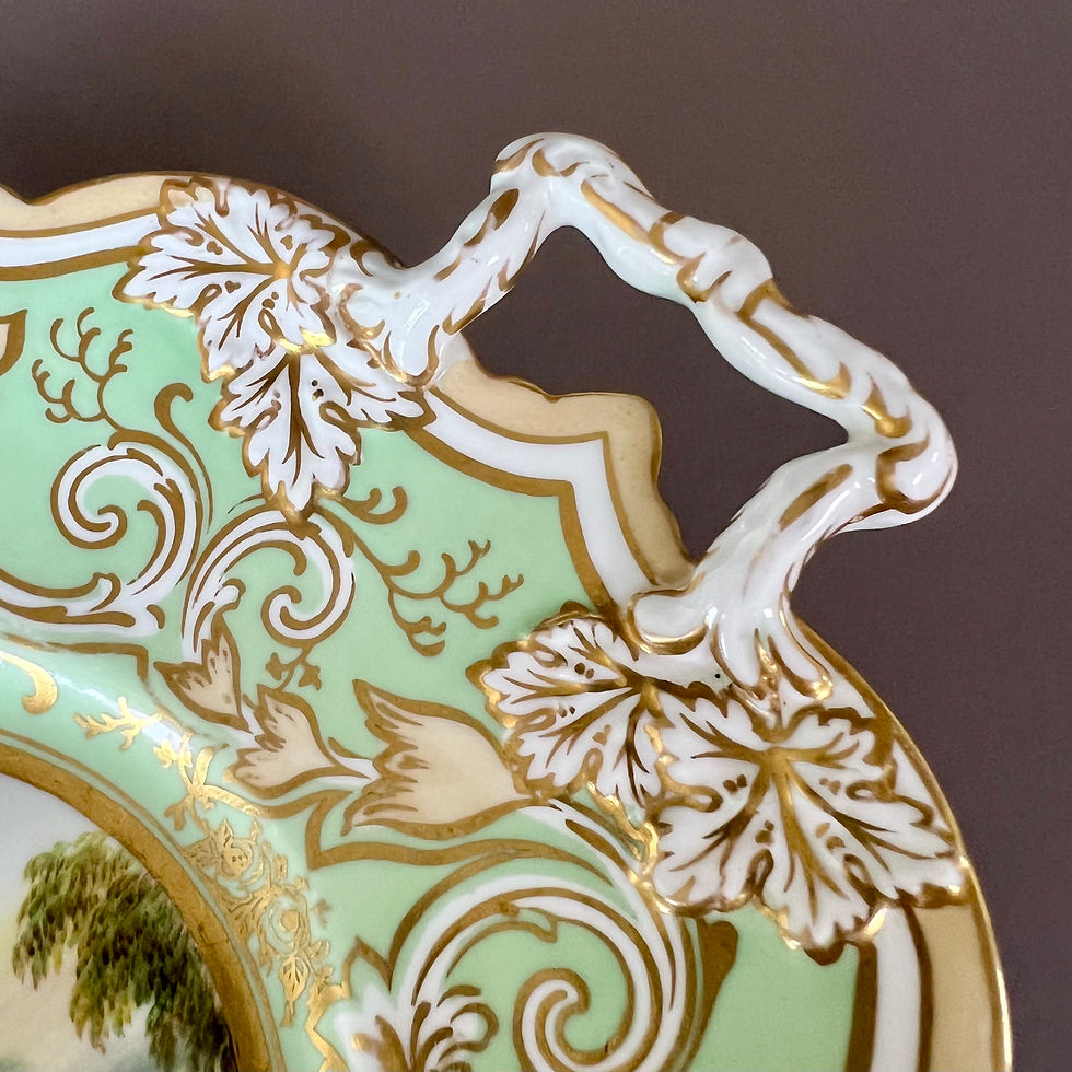 Thumbnail: Samuel Alcock low oval comport, sage green with stunning landscape, ca 1850