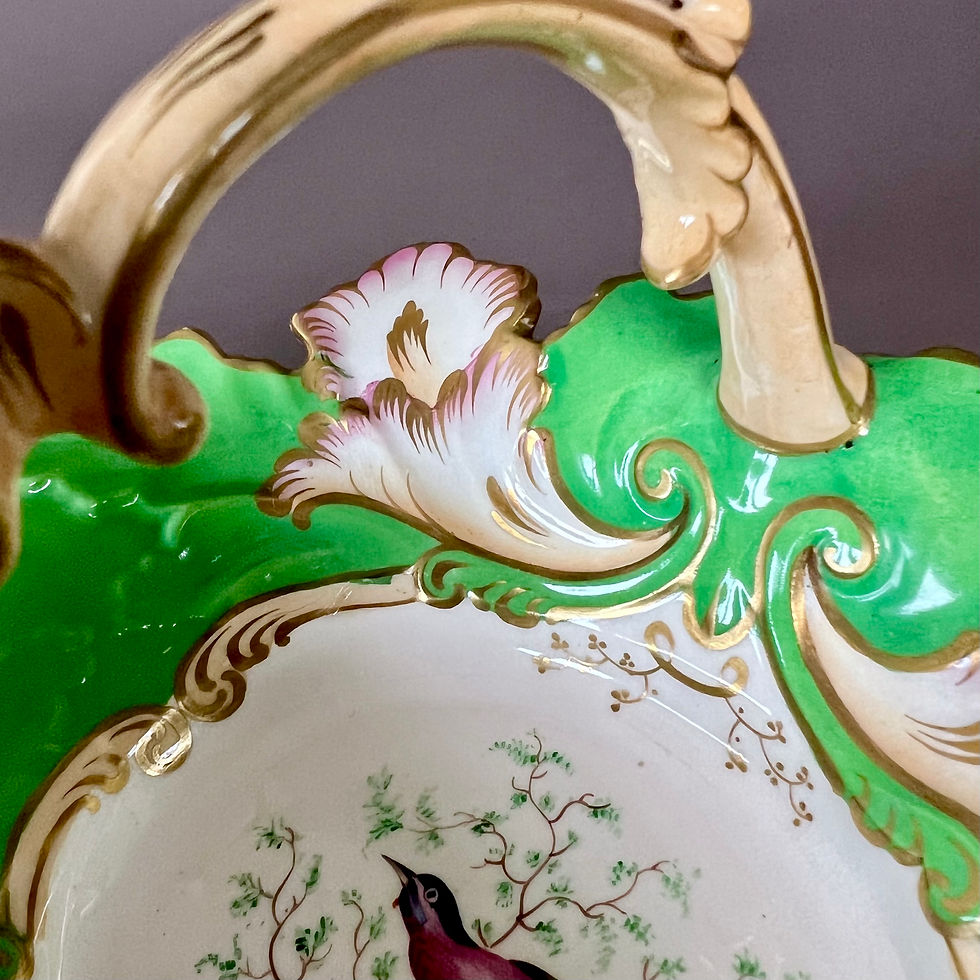 Thumbnail: Samuel Alcock basket, apple green with bird painting, ca 1840