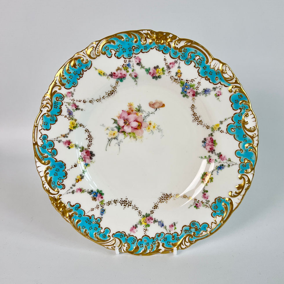 Thumbnail: Royal Crown Derby part dessert service, turquoise with flower garlands, 1916