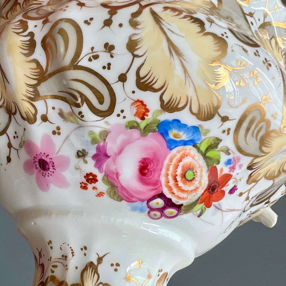 Thumbnail: Samuel Alcock footed sauce tureen on stand, beige, yellow, flower sprays, c1843