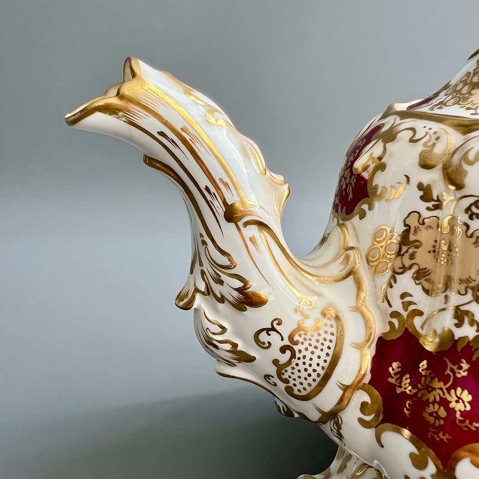 Thumbnail: Samuel Alcock teapot, maroon pear shaped Rococo Revival, 1843