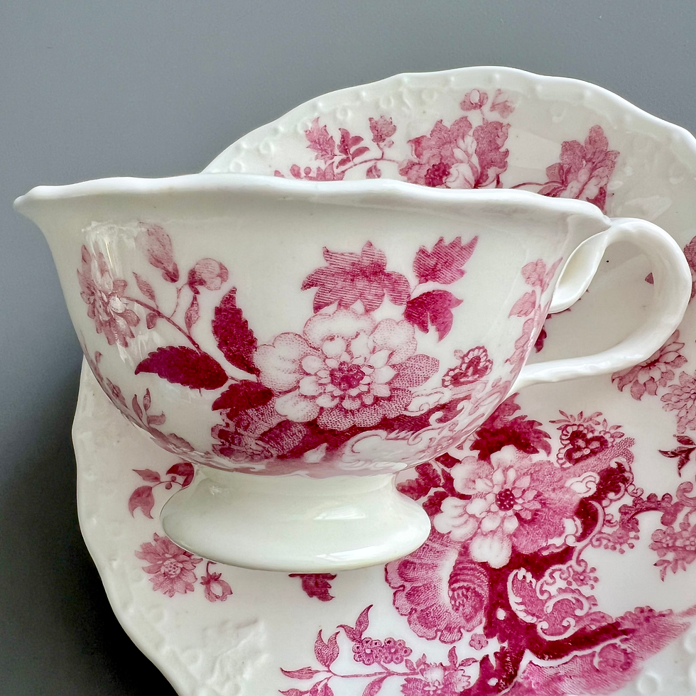 Thumbnail: Samuel Alcock teacup, white with puce print of rock and rose pattern, ca 1830
