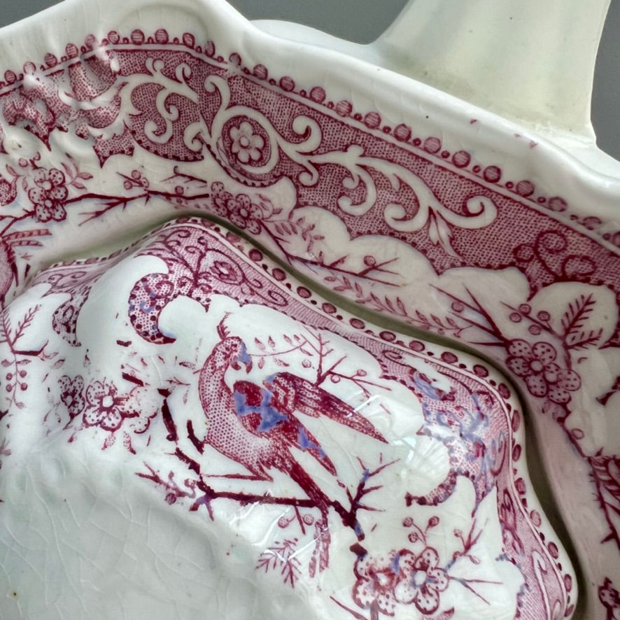 Thumbnail: Samuel Alcock teapot, white with puce print of rose bush pattern, ca 1835