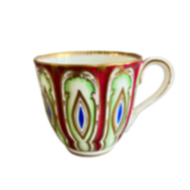 Samuel Alcock orphaned coffee cup, red, green and gilt flame pattern, ca 1830