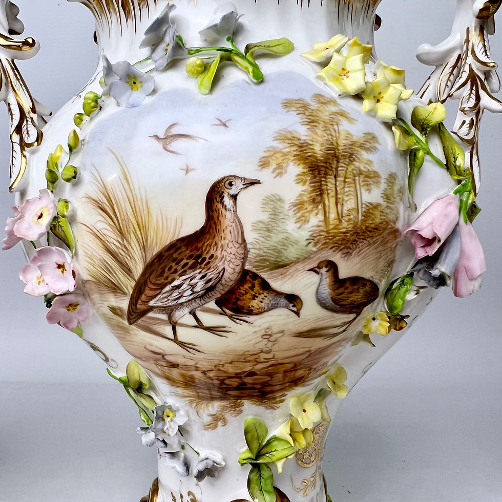 Thumbnail: H & R Daniel garniture of 3 potpourri vases, encrusted flowers, birds ca 1840