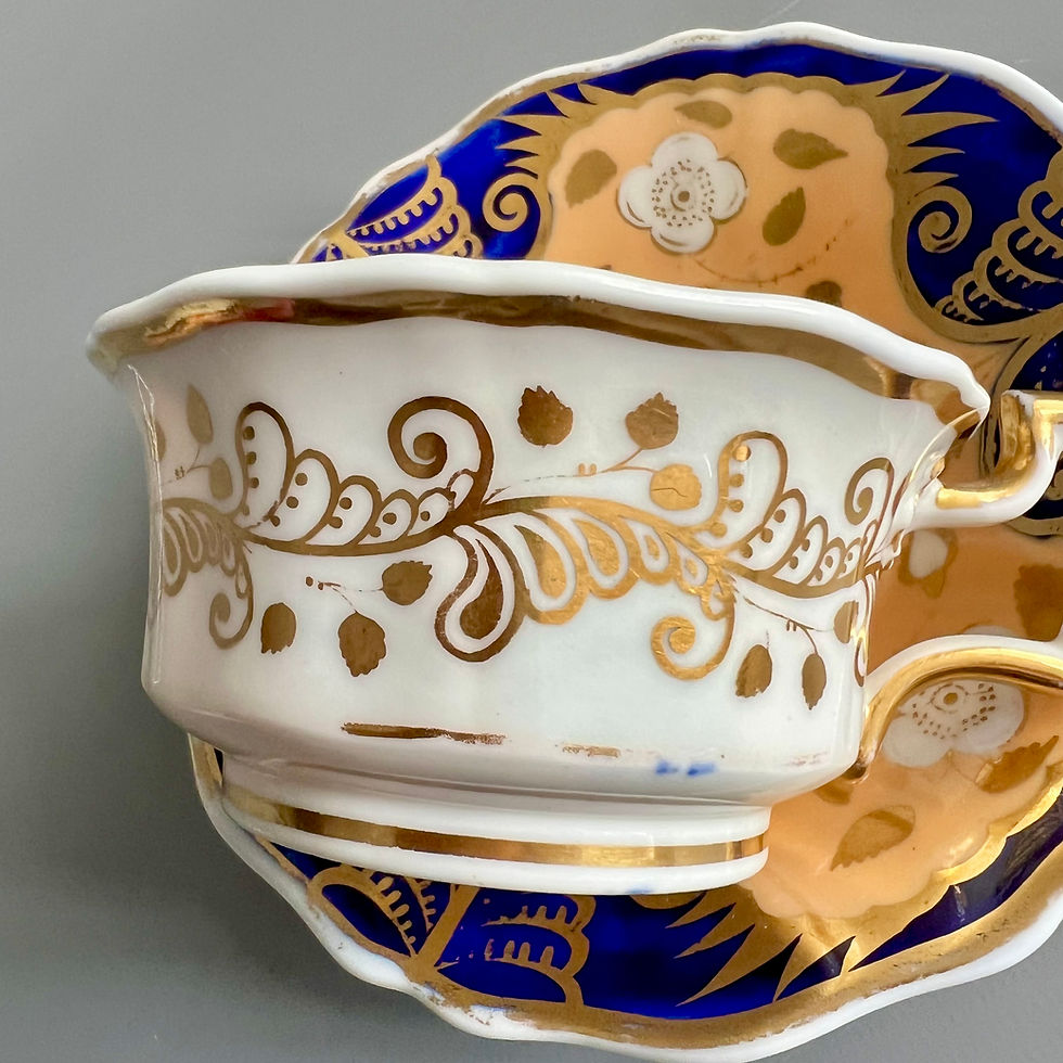Thumbnail: Ridgway teacup, cobweb pattern peach, cobalt blue and gilt, ca 1825