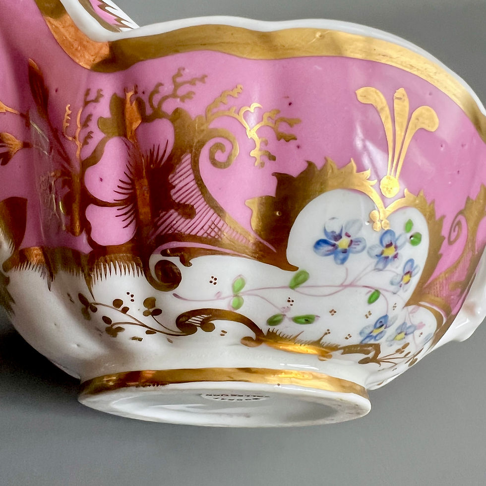 Thumbnail: Samuel Alcock milk jug, melted snow, pink with flowers, ca 1825