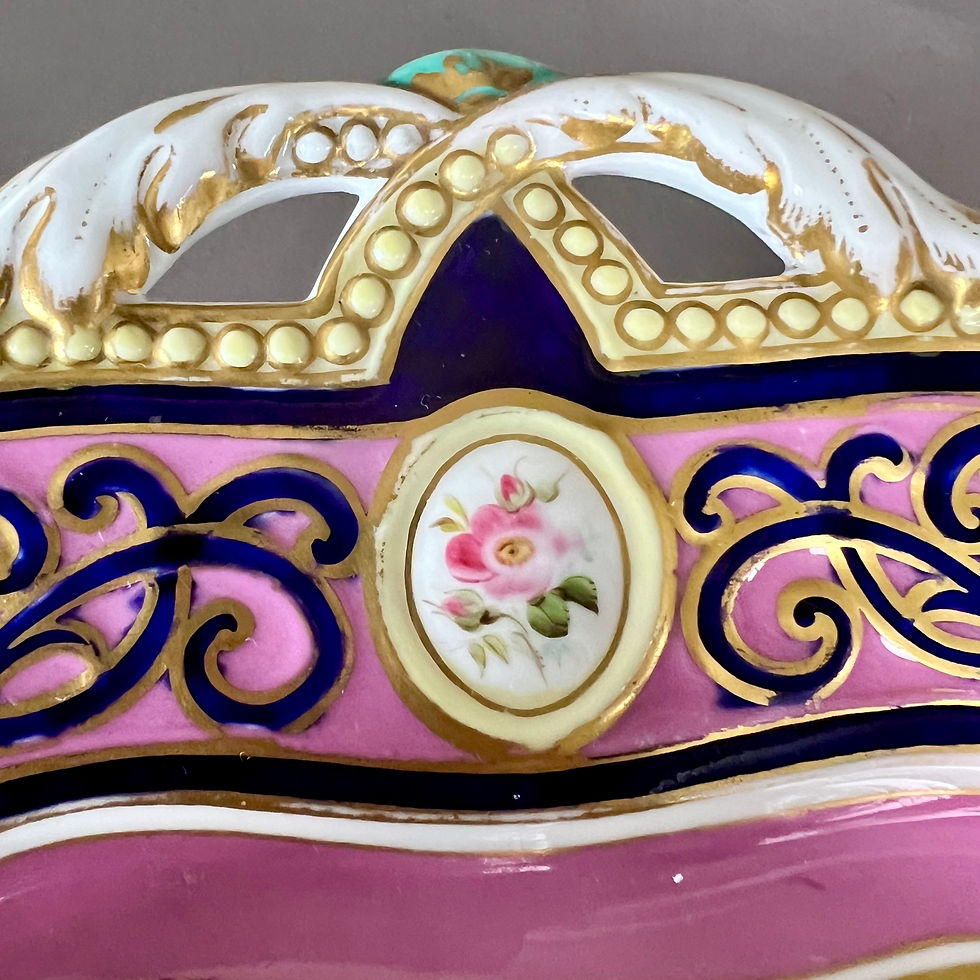 Thumbnail: Samuel Alcock basket, Alma border, pink, black, with bird, ca 1855