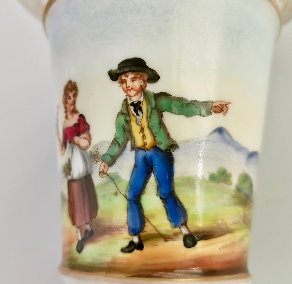 Thumbnail: Pair of Staffordshire spill vases, children, Stonehenge and bird, ca 1820