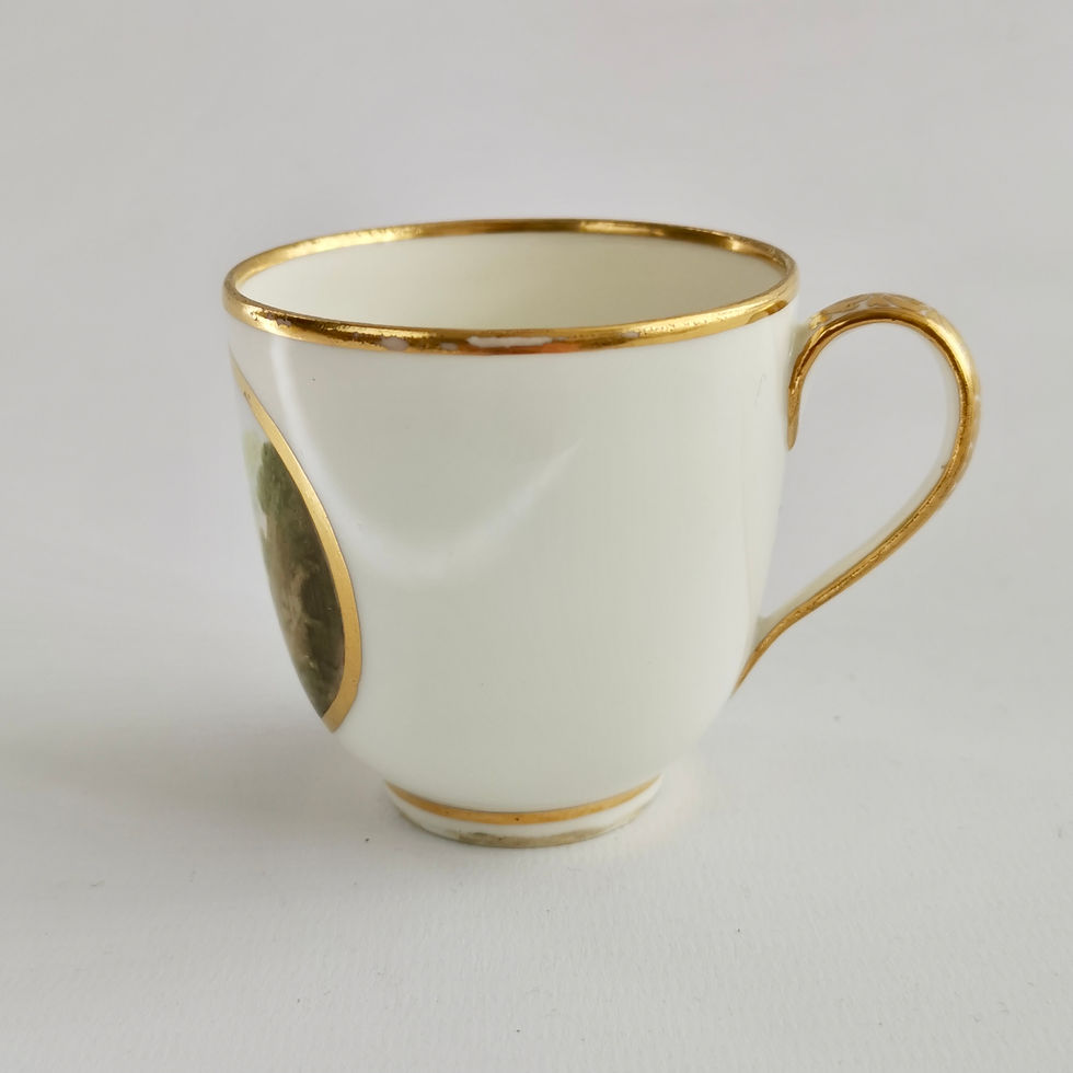 Thumbnail: Derby orphaned coffeecup, white with landscape by Zachariah Boreman, ca 1790