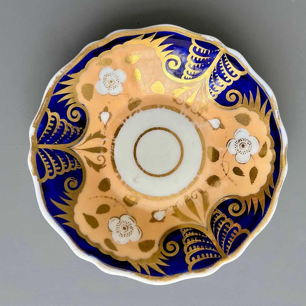 Thumbnail: Ridgway teacup, cobweb pattern peach, cobalt blue and gilt, ca 1825