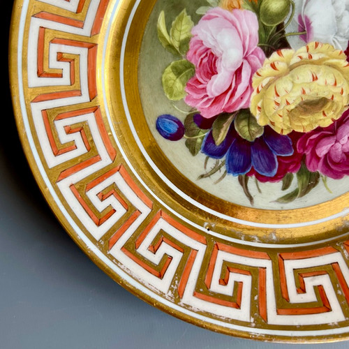 Coalport John Rose plate, Greek keys, flowers by Thomas Baxter, ca