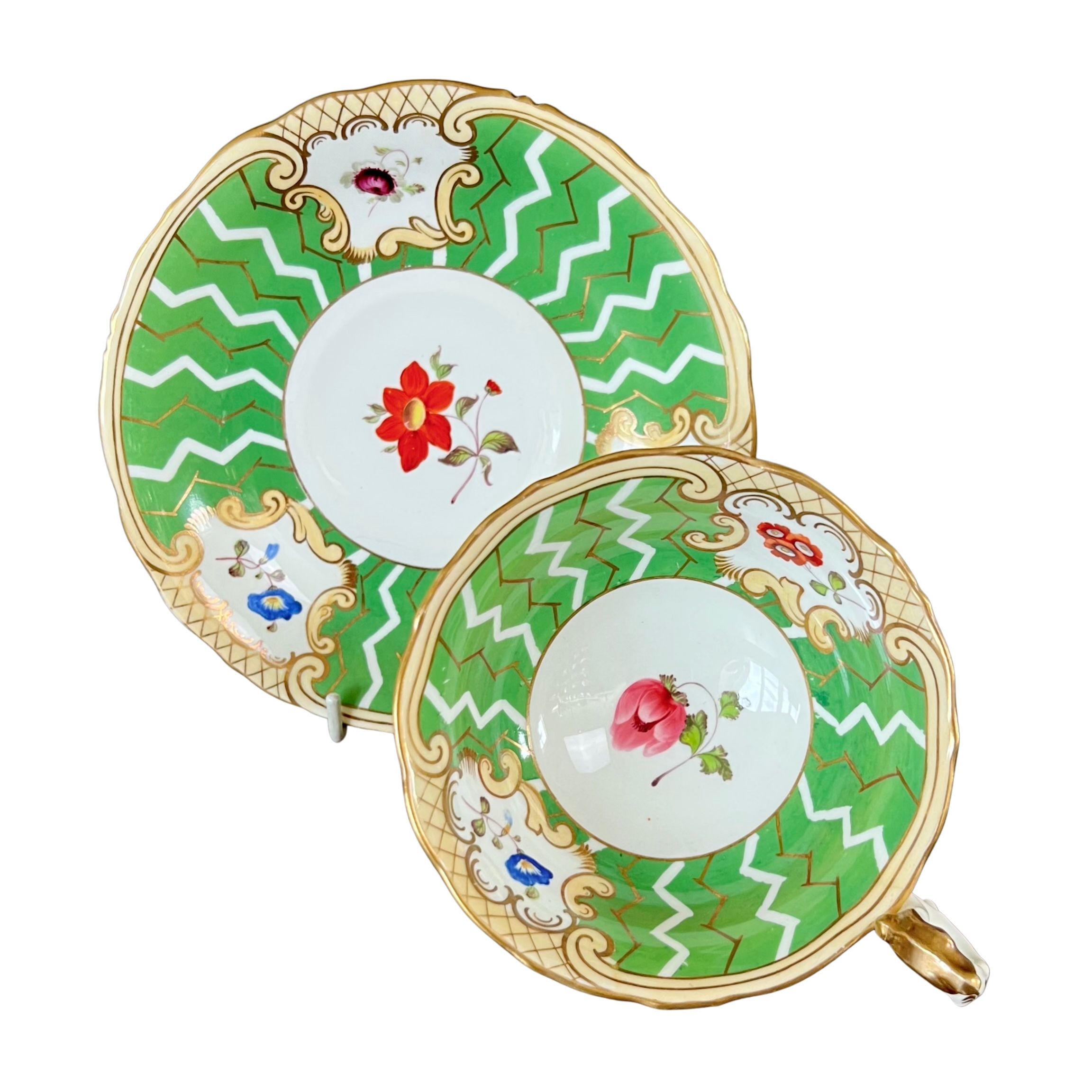 Samuel Alcock teacup, apple green with lightning pattern, flowers, ca 1840