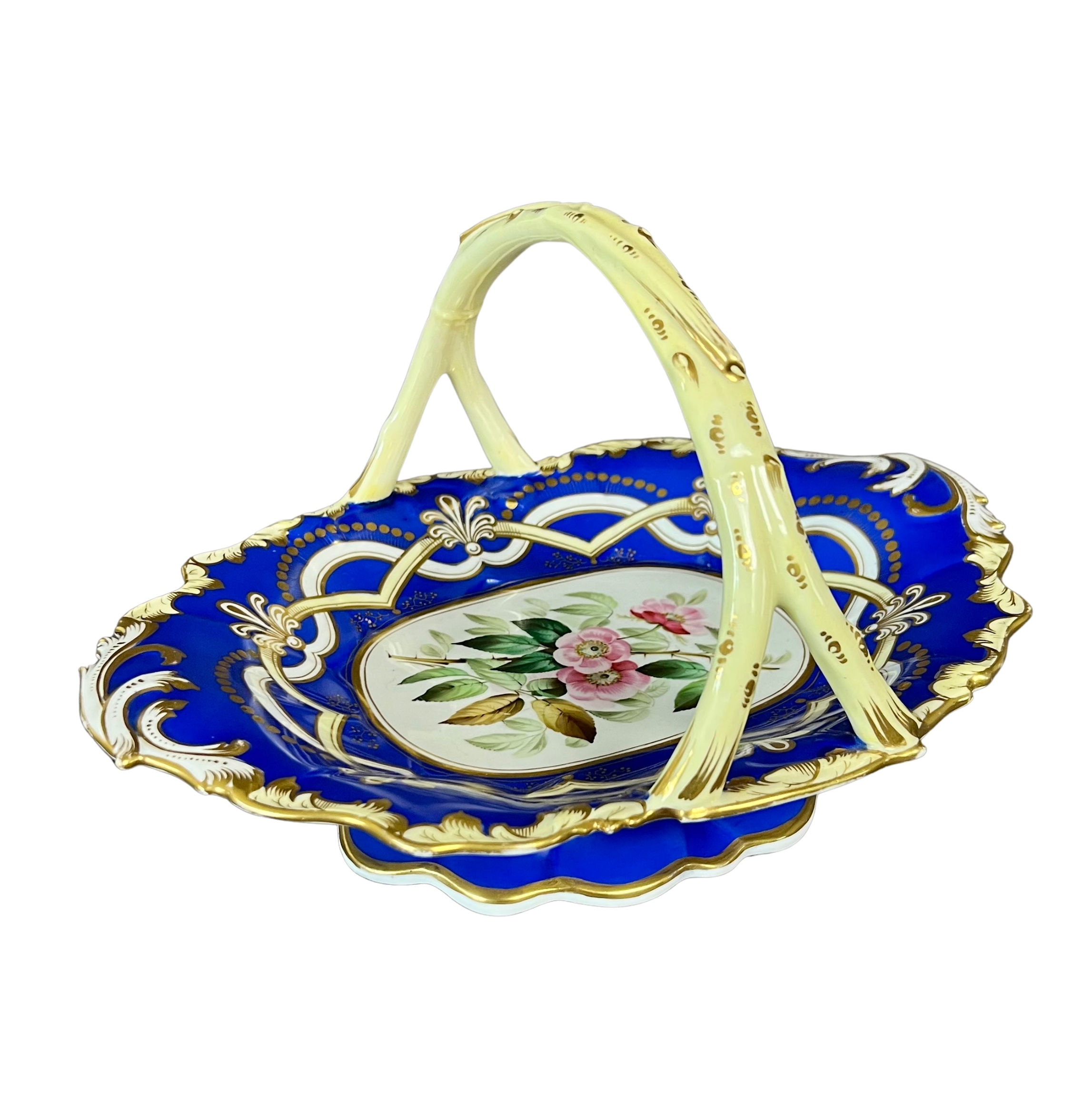 Samuel Alcock large basket, French blue with rose, ca 1840
