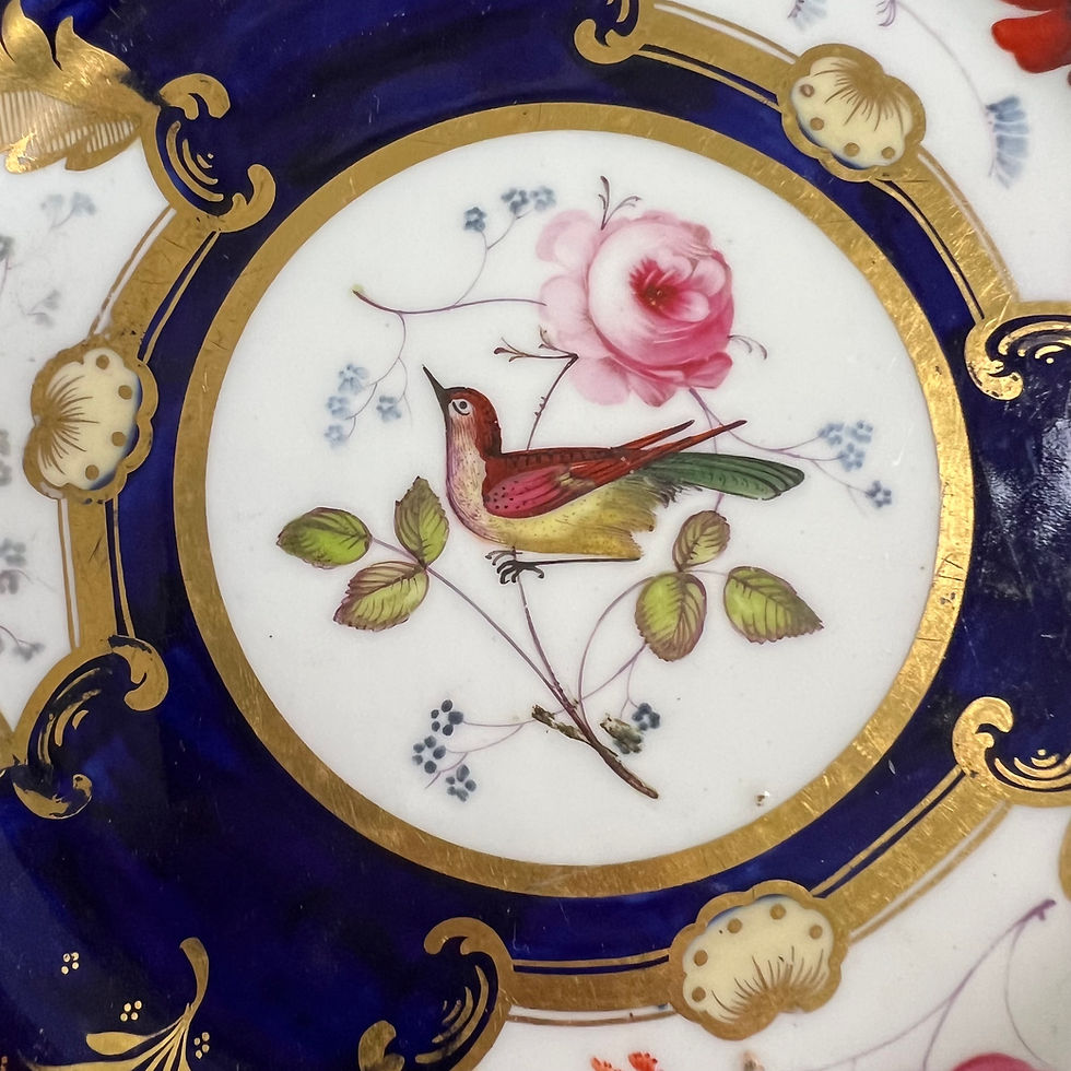 Thumbnail: Samuel Alcock tête-à-tête tea set, cobalt blue, gilt, flowers and birds, ca 1830