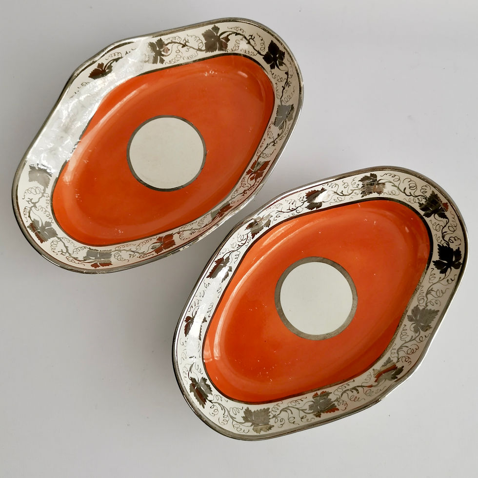 Thumbnail: Coalport John Rose pearlware dessert service, orange with silver vines, ca 1800