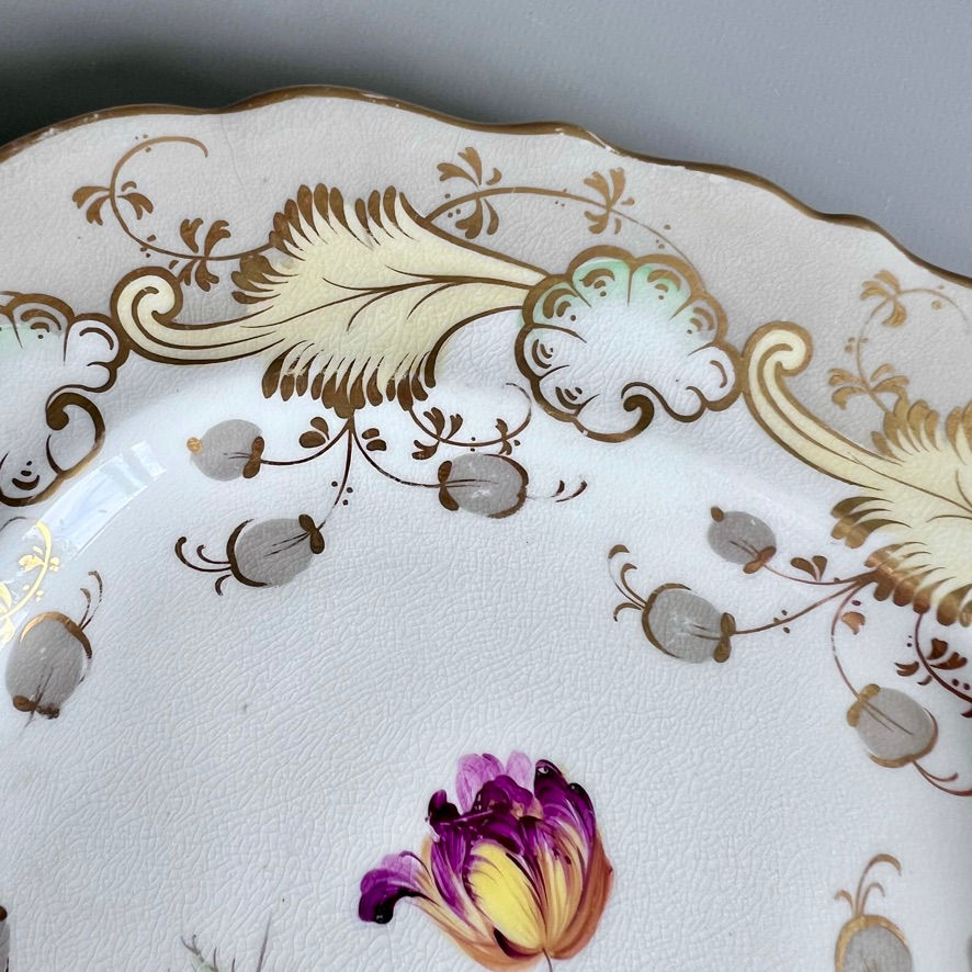 Thumbnail: Samuel Alcock dish, grey and gilt, with hand painted flowers, ca 1835