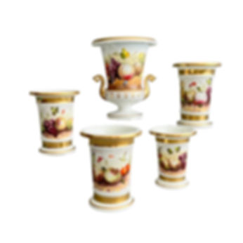 English garniture of 5 vases, white with fruits, 1820-1825